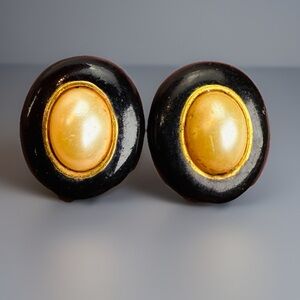 Vintage Black and aged Goldtone Pierced Earrings
